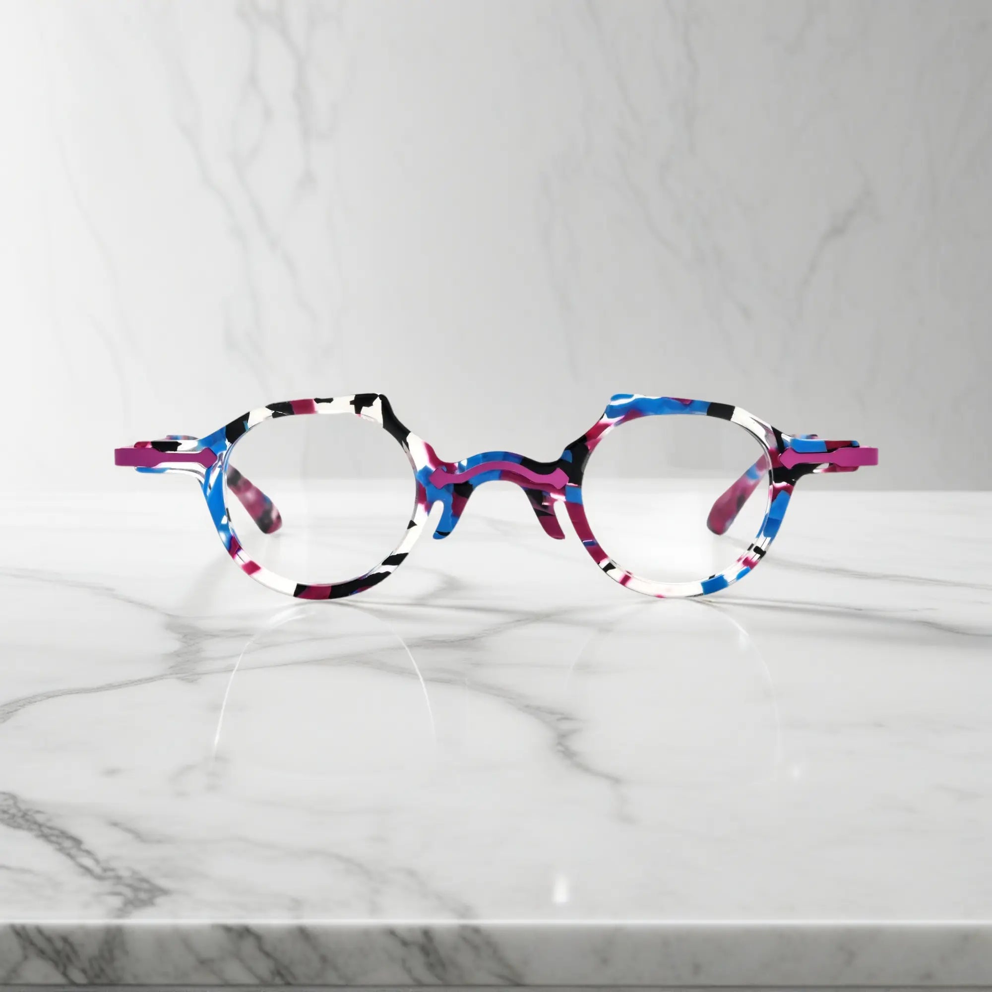 Front view of VoyueLens™ VL19341 eyeglasses in soft orchid purple acetate with rounded lenses and elegant, translucent tones.